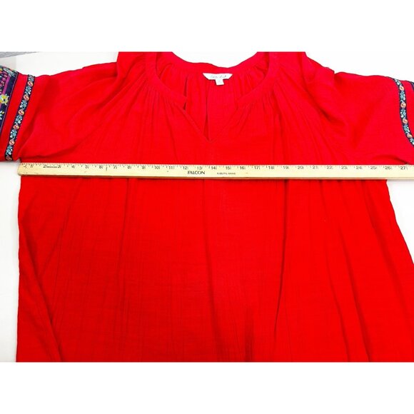 Pioneer Woman 3XL Red Rayon/Poly 40"L Dress Embroidered Puff Sleeve V-Neck EUC - Picture 7 of 10